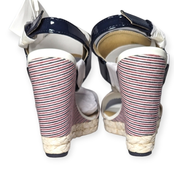 GEOX Wedges Sandals Patent Leather Braided  Donna Janira Navy Red Stripe NIB NWT - Picture 5 of 7